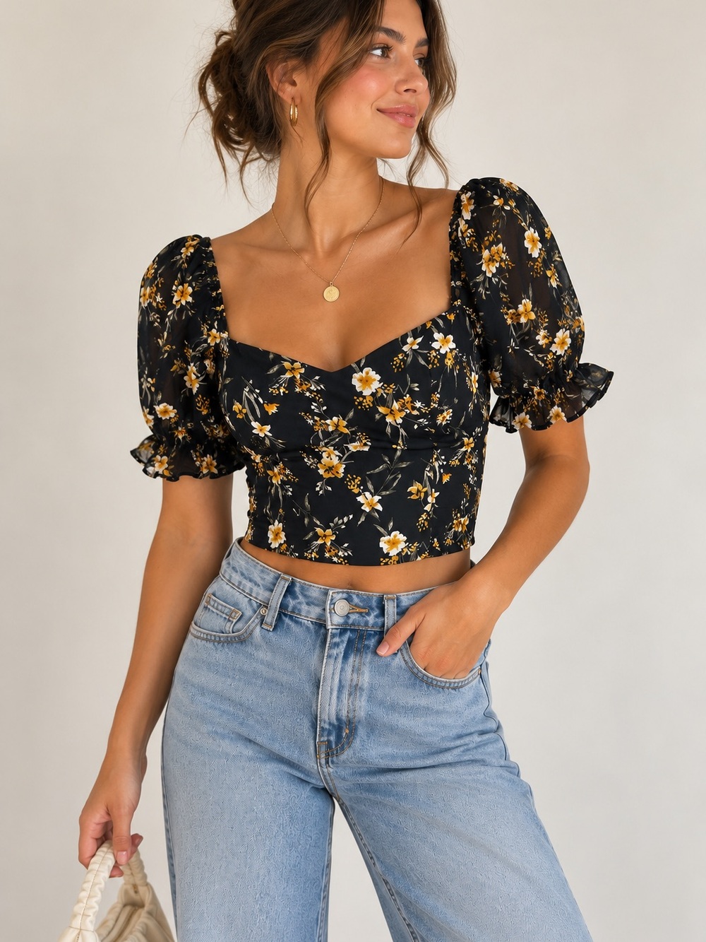 Abercrombie & Fitch Floral Sweetheart Neckline Puff Sleeves Crop Top Size M
